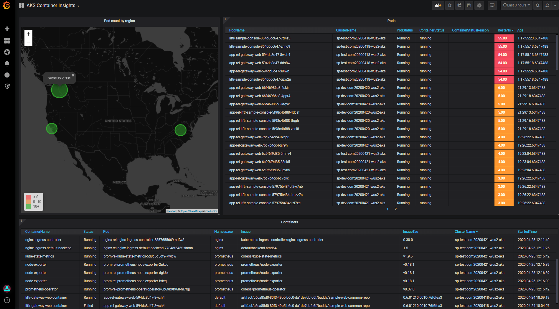 Dashboard including map of the United States alongside a list of pods