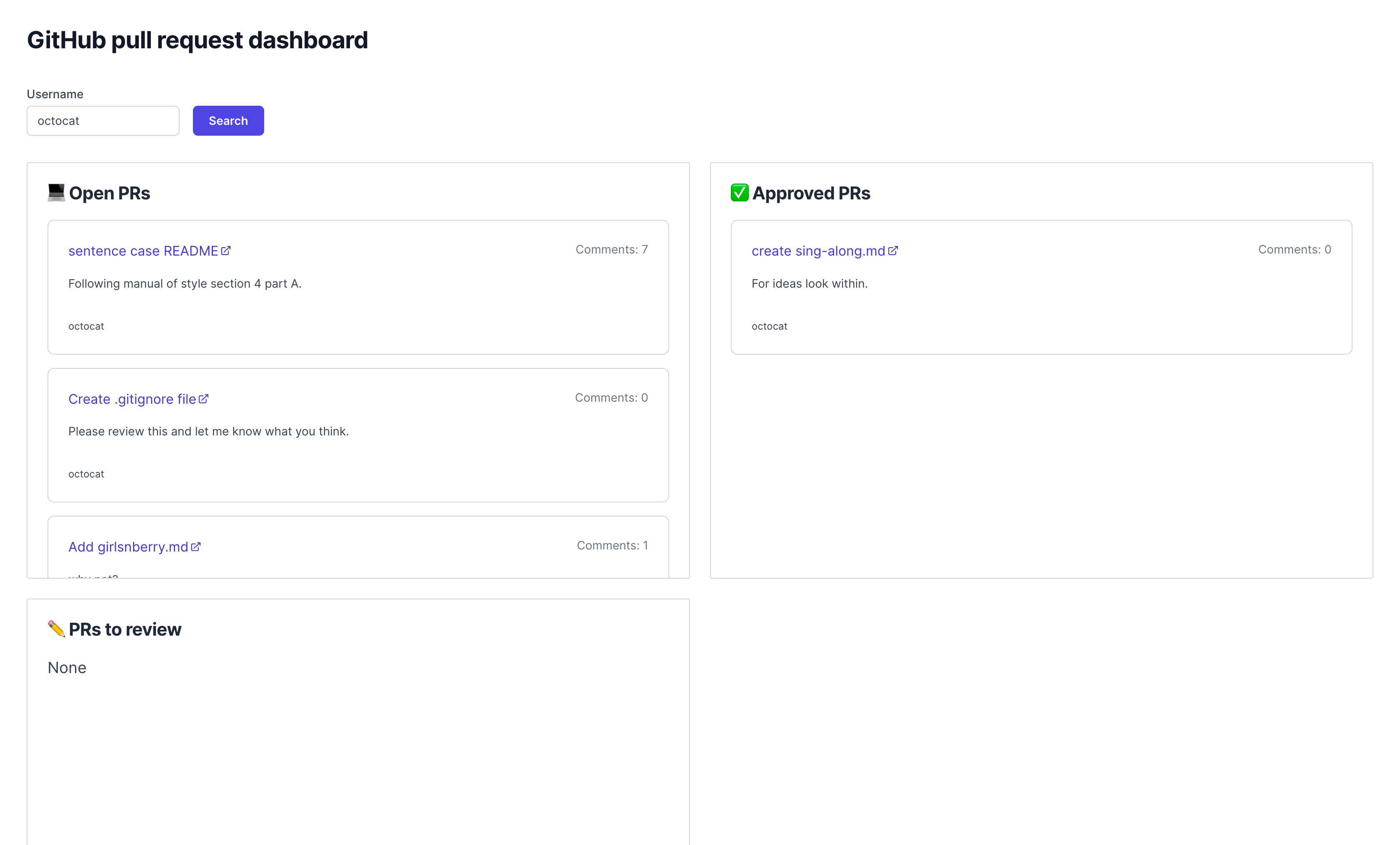 Template for GitHub PR dashboard