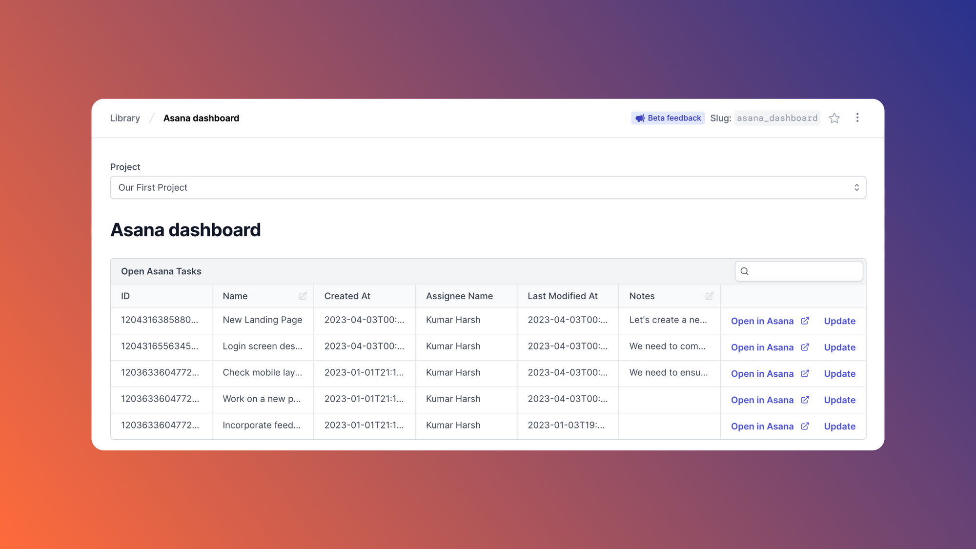 How to build a dashboard using the Asana API and Airplane Views