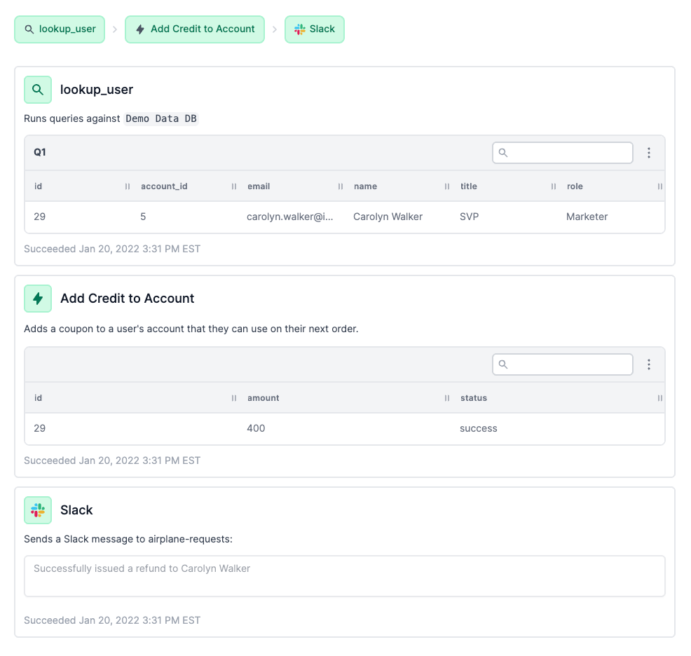 Three-step runbook in Airplane to issue a customer refund by looking up a user, adding a credit to their account, and sending a notification.