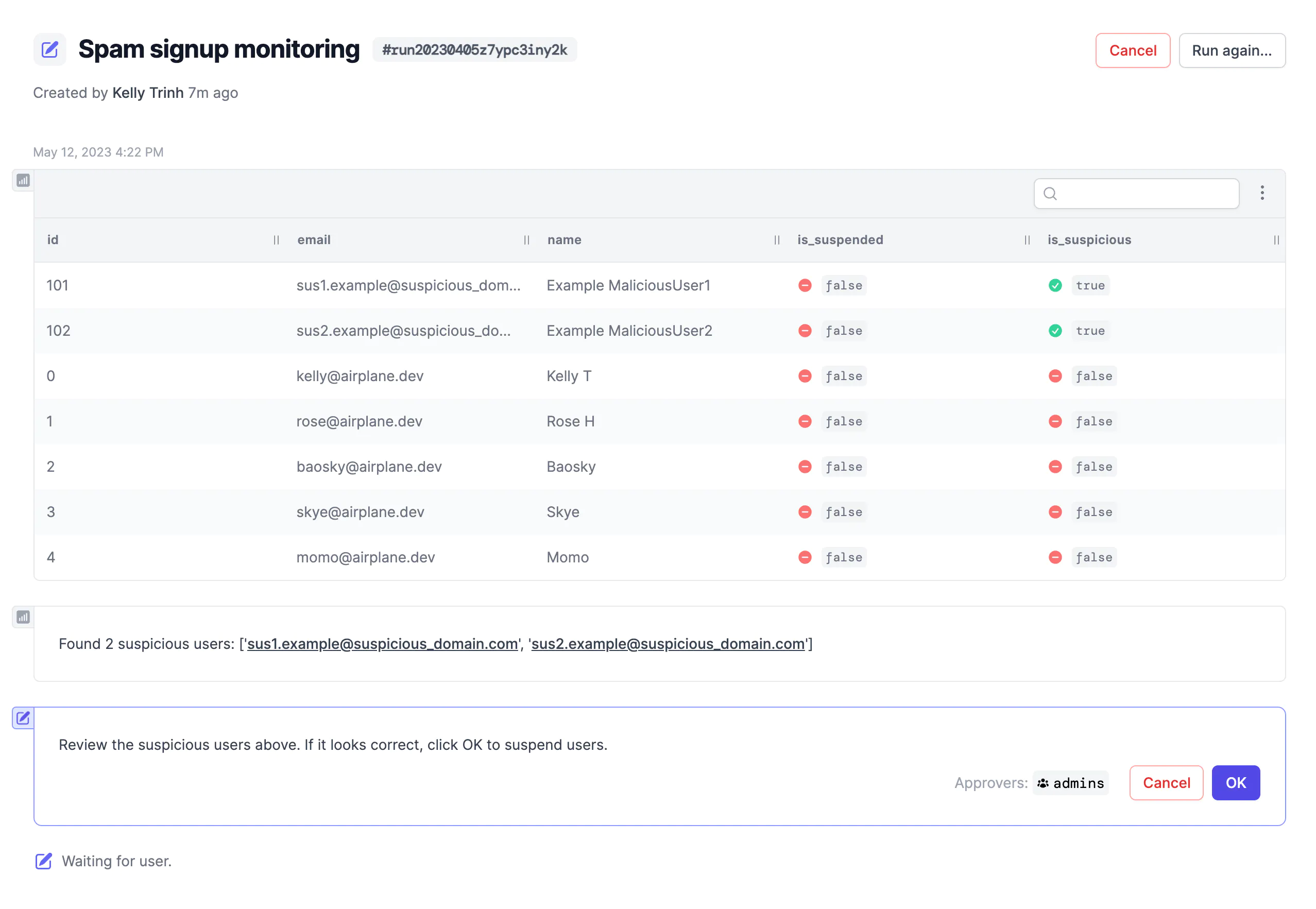 Template for Spam signup monitoring