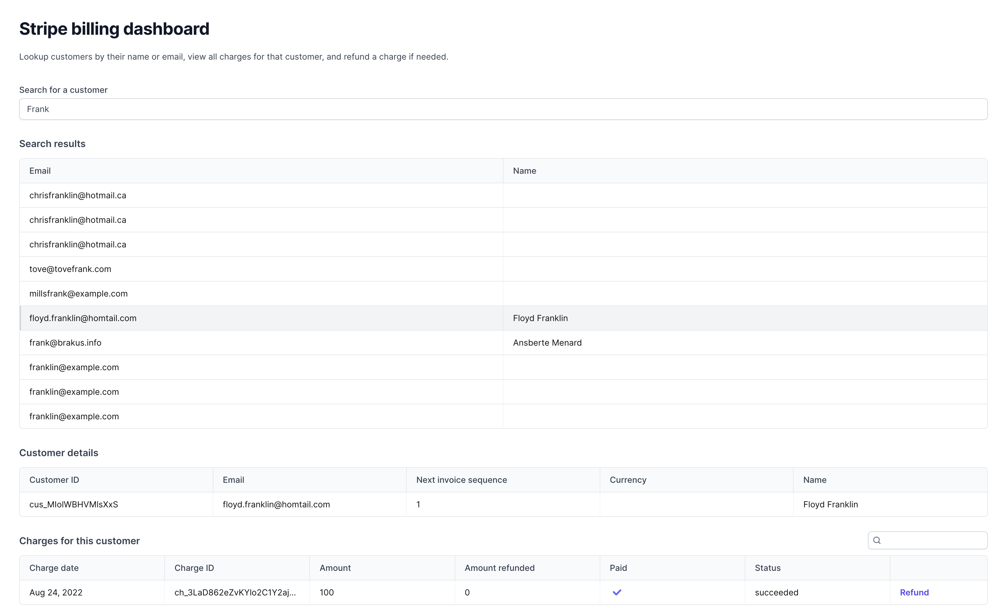 Template for Stripe billing dashboard
